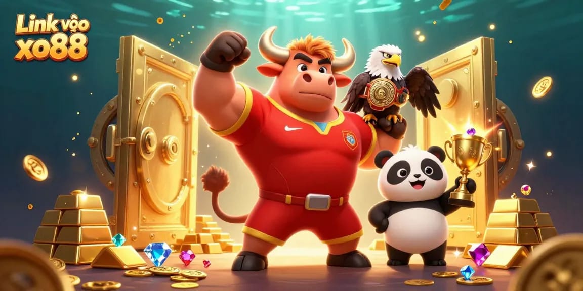 Engage with Link vào xo88 as a muscular bull mascot celebrates victories amidst golden treasures.
