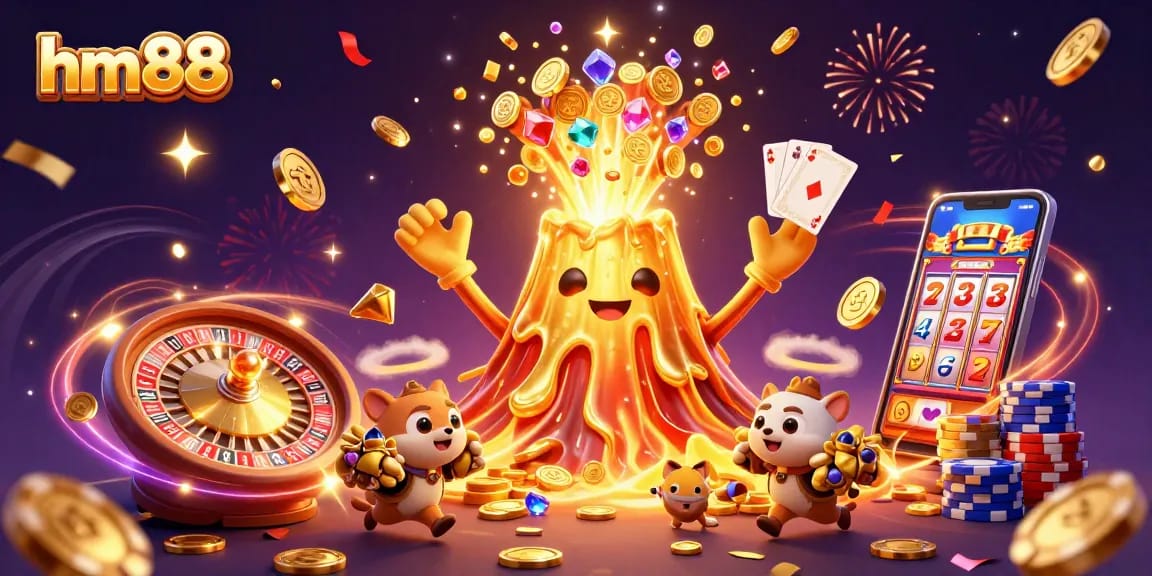 Experience thrill at hm88 with a vibrant casino scene featuring gold coins, treasures, and game elements.