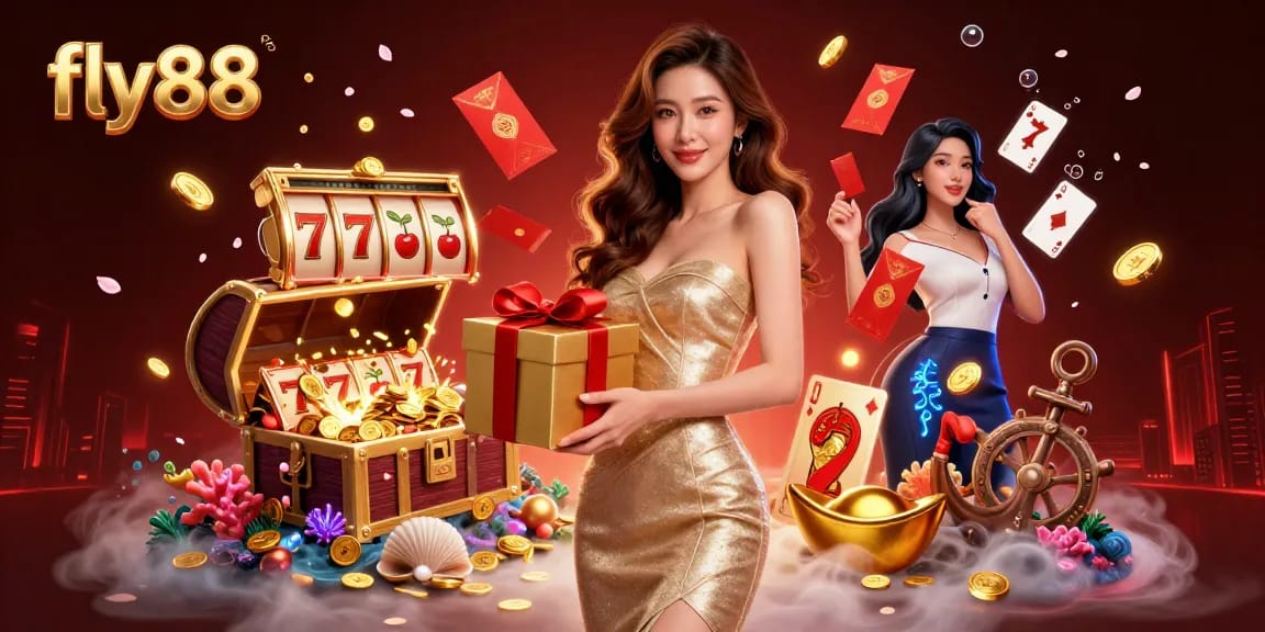 Engage in the vibrant world of fly88 with a stunning 3D illustration featuring a welcoming character in a festive casino setting.