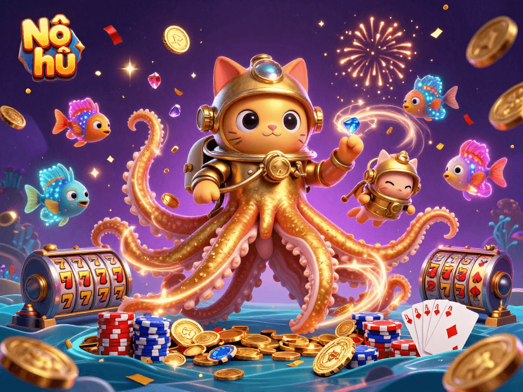 Nổ hũ takes center stage in a vibrant 3D illustration with a kraken and dynamic casino elements.