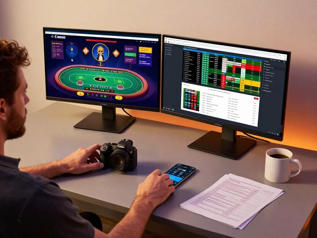 Engaged player strategizing at online casino CM88 with betting apps and live dealer game visible.