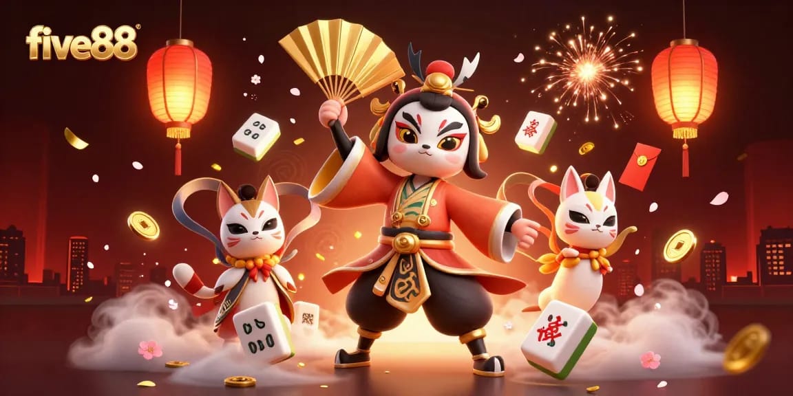 Engage with five88 in an exciting 3D casino scene featuring kabuki characters and dynamic gambling elements.