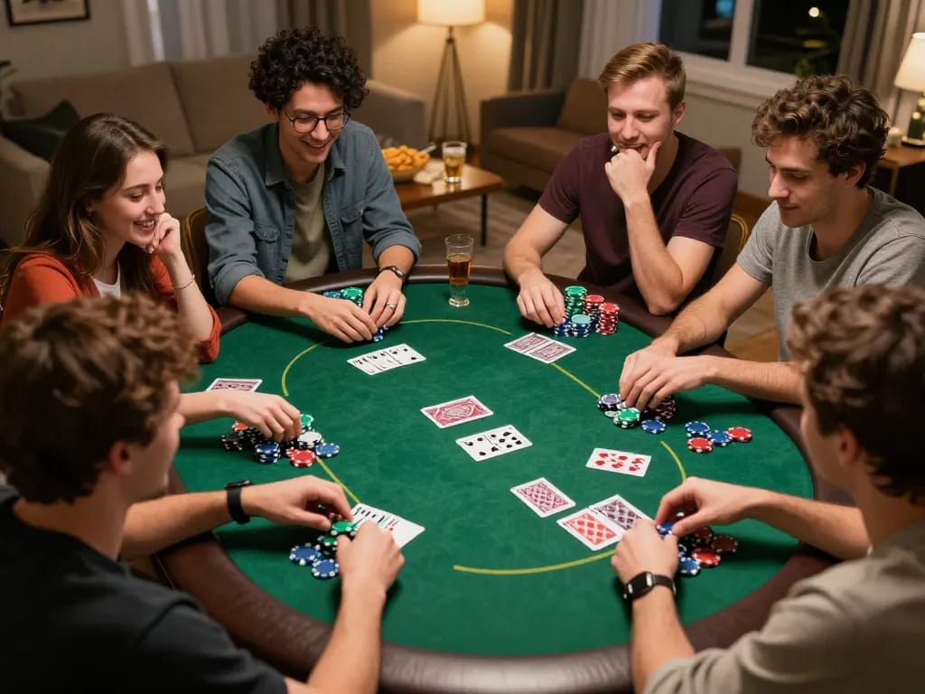 Friends enjoying a thrilling cm88 poker night at home with colorful chips and focused gameplay.
