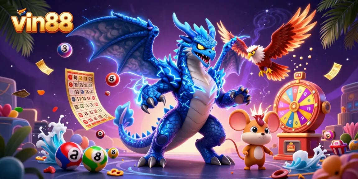 Win big at vin88 with vibrant animated characters and colorful gambling elements in a dynamic casino scene.
