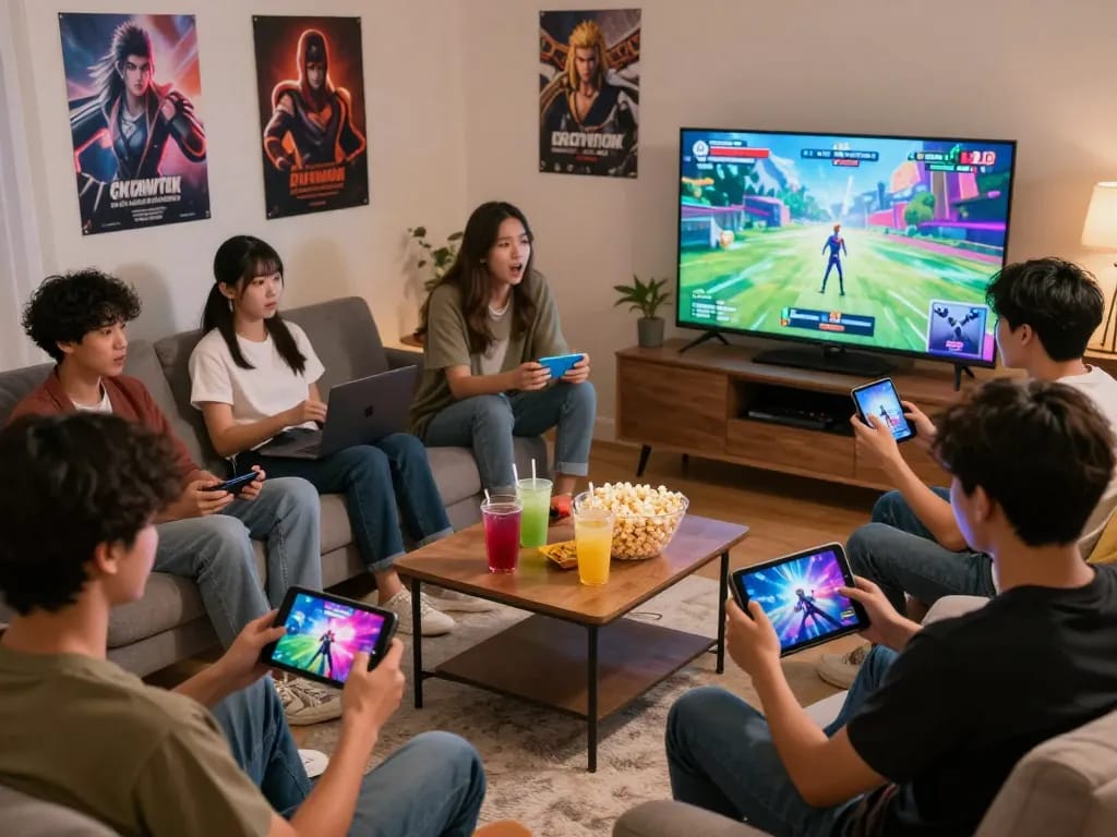 Engaged players enjoying a porn game online in a cozy living room with multiple devices.