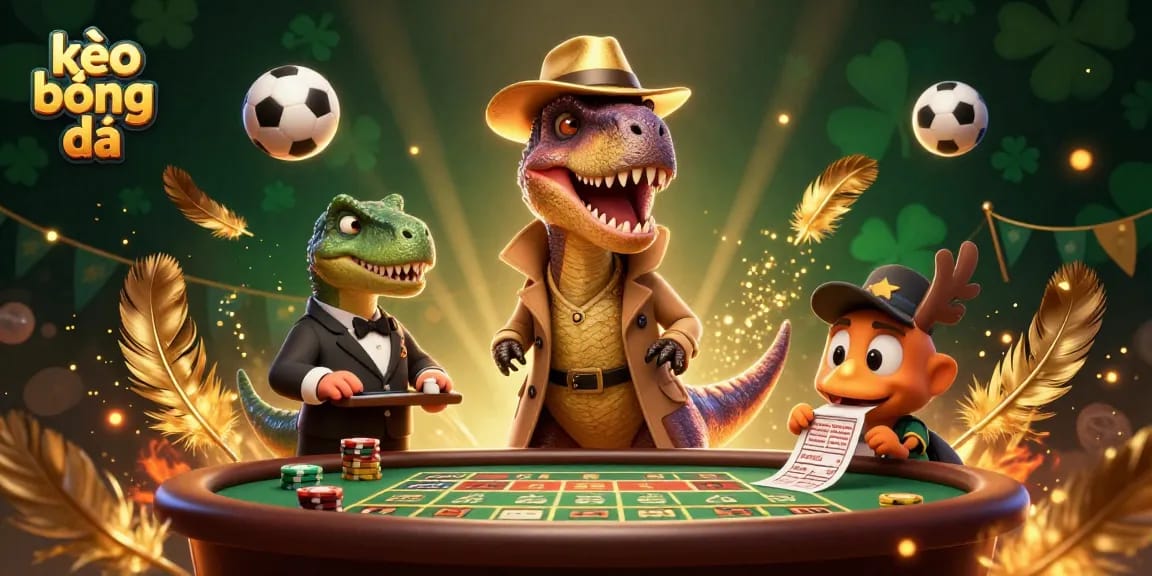 Kèo bóng đá illustrates a vibrant scene with a velociraptor card counter, stegosaurus pit boss, and compy pickpocket amidst swirling betting elements.