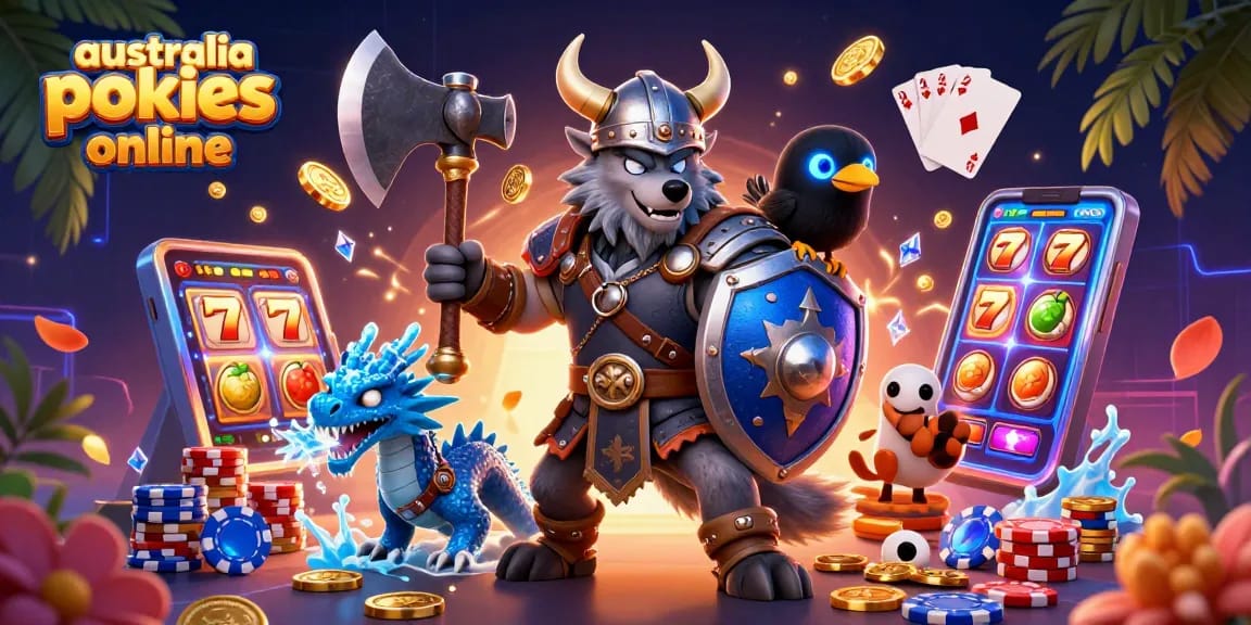 A thrilling scene showcasing australia pokies online with a Viking wolf warrior, dragon, and raven amidst slot reels and coins.