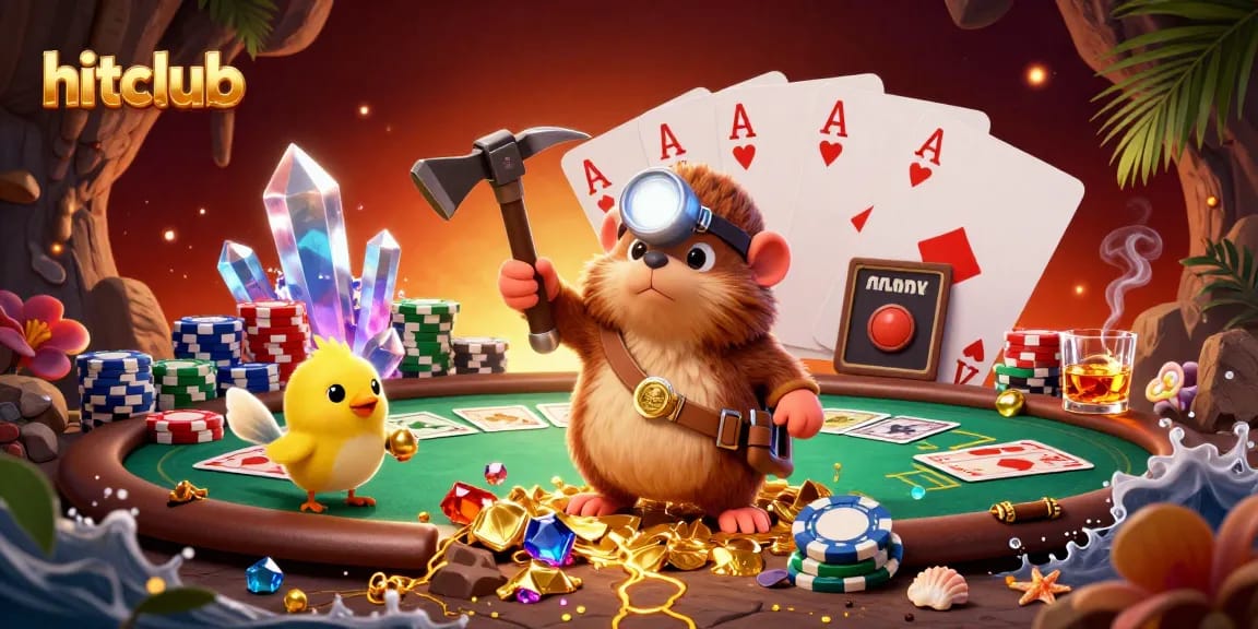 Experience the thrill of hitclub with a treasure hunting mole and vibrant poker elements in a dazzling casino scene.