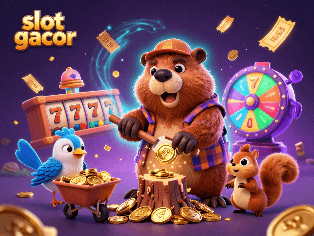 Experience the excitement of slot gacor with a lumberjack beaver and characters in a dynamic casino scene.