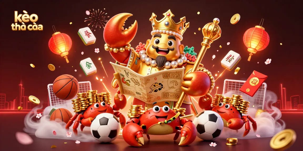 Engage with kèo nhà cái through an exciting illustration of a golden crab emperor amidst sports betting elements.