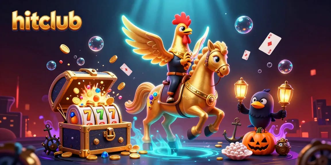 Hitclub entertains players with a golden rooster and spectral horse in an exciting casino scene.
