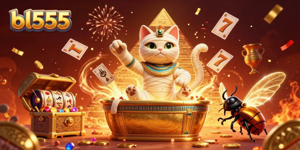 Win big with bl555 in this vibrant casino scene featuring a mummy cat, golden treasures, and slot games.