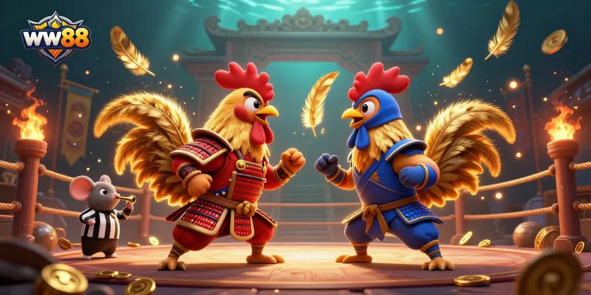 Experience the excitement of ww88 with dynamic fighting roosters and vibrant casino elements.