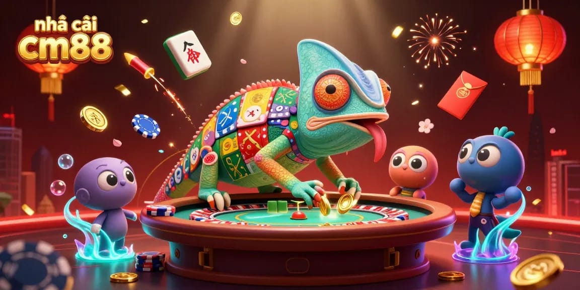 Experience the thrill at nhà cái cm88 with a vibrant casino scene featuring an exciting chameleon owner and festive elements.