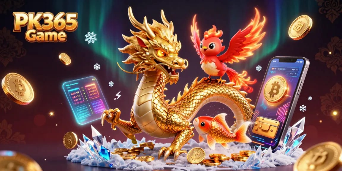 Engage in the excitement of PK365 Game with a dynamic scene featuring a dragon, phoenix, and koi fish surrounded by lucky symbols.
