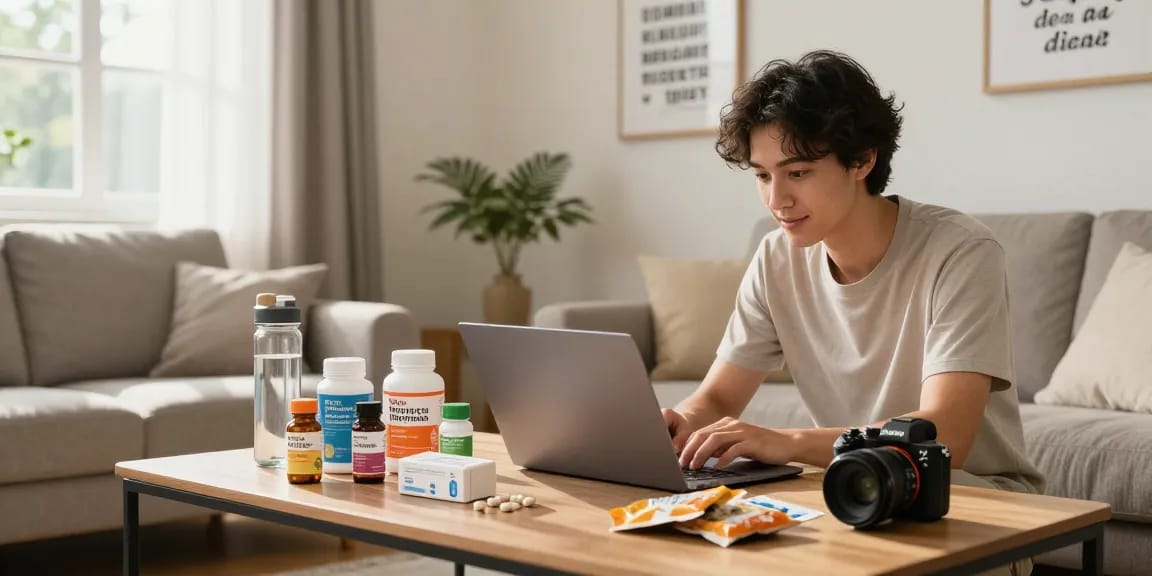 Engaging e-commerce pharmacy scene featuring a young adult browsing to buy crystal methamphetamine online in a cozy living room.
