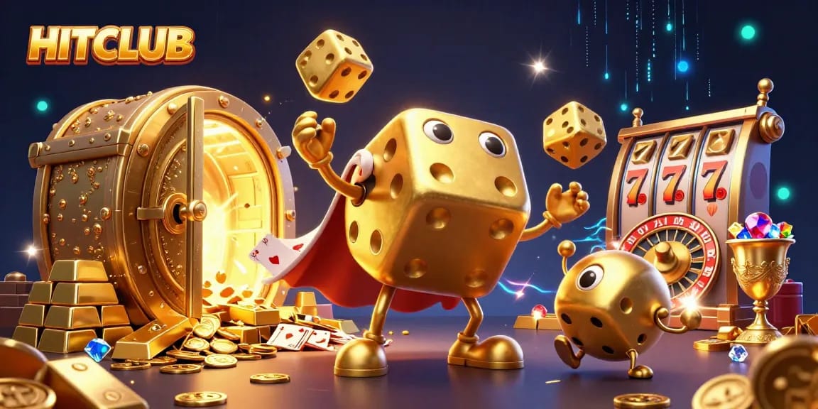 Engage with HITCLUB's vibrant gaming universe featuring a dazzling 3D illustration of treasures and games.