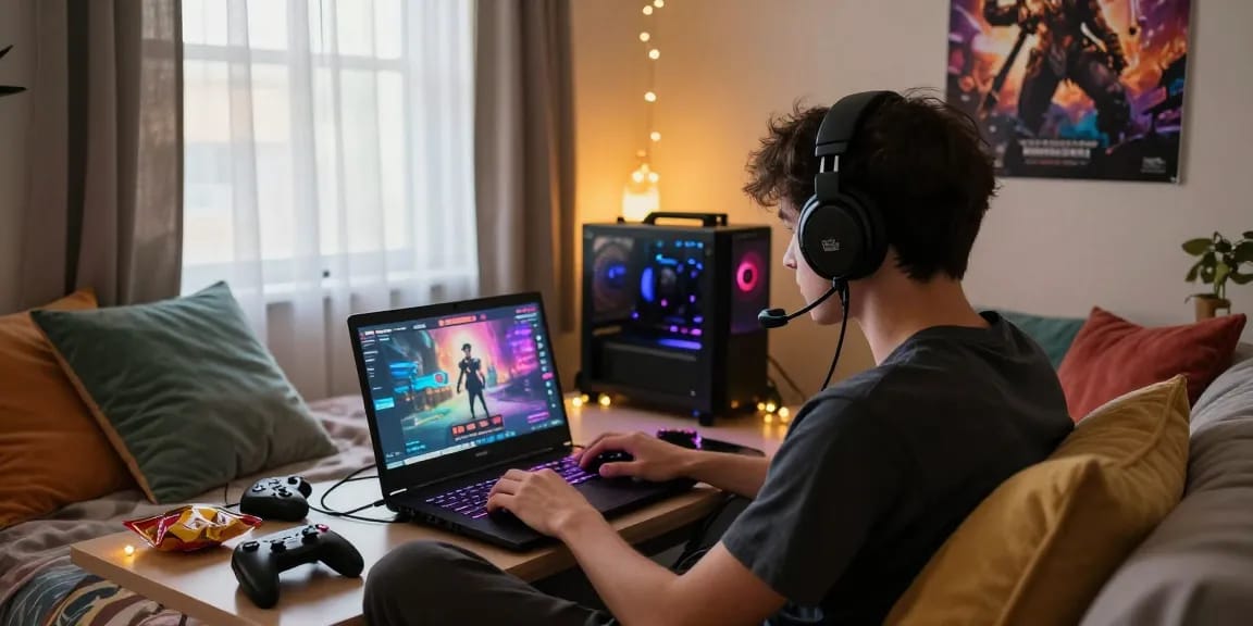 Engaging player immersed in nsfw games on a vibrant gaming laptop, cozy bedroom setting.