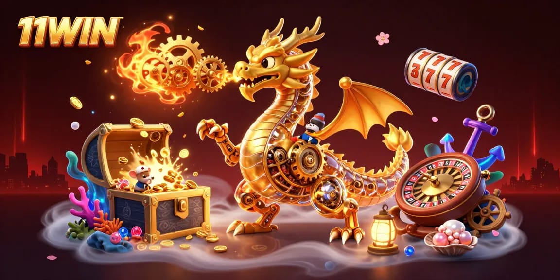 Engage with 11WIN's thrilling gaming world, featuring a golden dragon and slot elements for excitement.