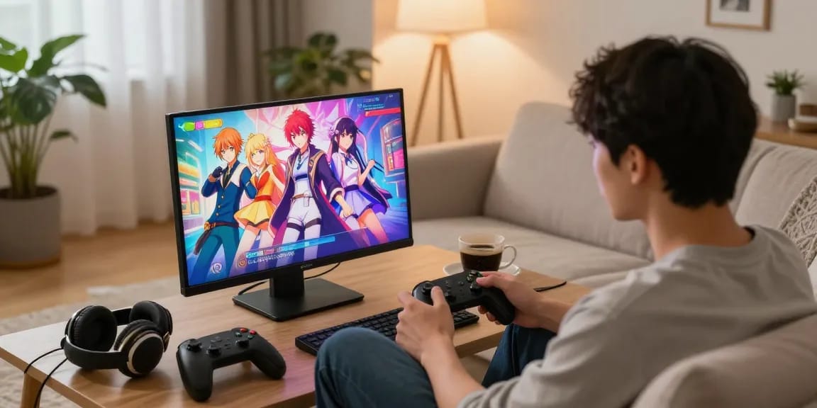 Engaging adult gaming scene featuring hentaigames in a cozy setting with vibrant visuals.
