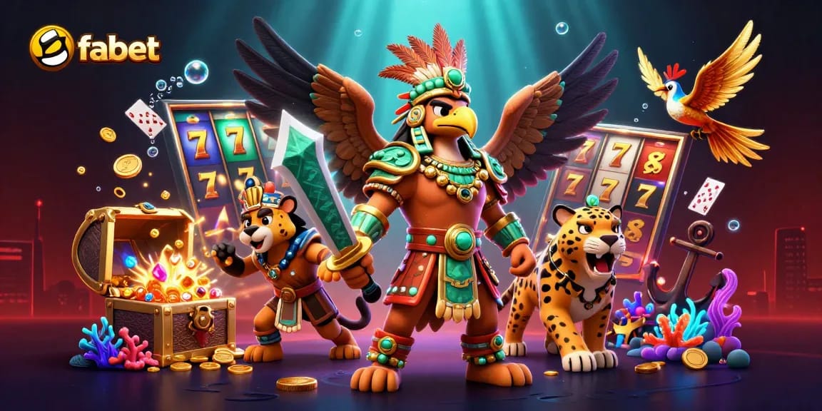 Fabet's thrilling slot gaming scene with epic characters and eye-catching symbols in action.