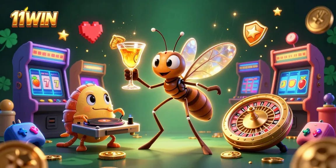 Engage with 11WIN casino thrills featuring a lively frozen mosquito mascot and vibrant game elements.