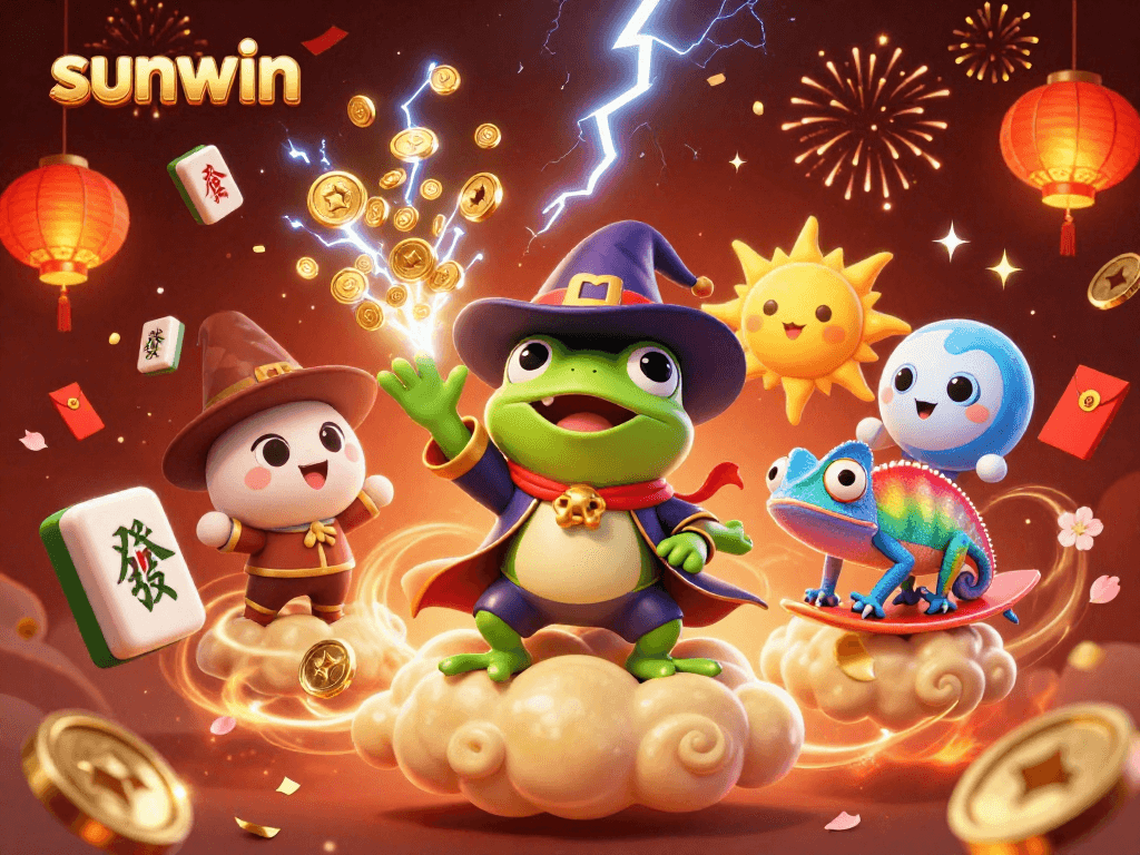 Experience the thrill of sunwin as a wizard frog conjures golden coins amidst vibrant celebrations in this lively illustration.