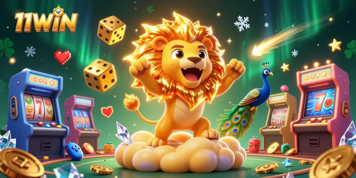 Experience thrilling wins at 11WIN with a vibrant casino-inspired scene featuring slot symbols, dice, and lucky motifs.