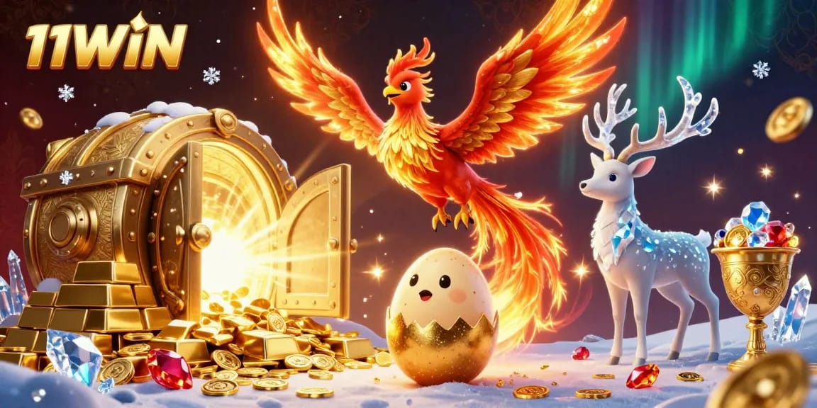 Experience the thrill of 11WIN with fierce phoenixes and treasures in a captivating casino scene.