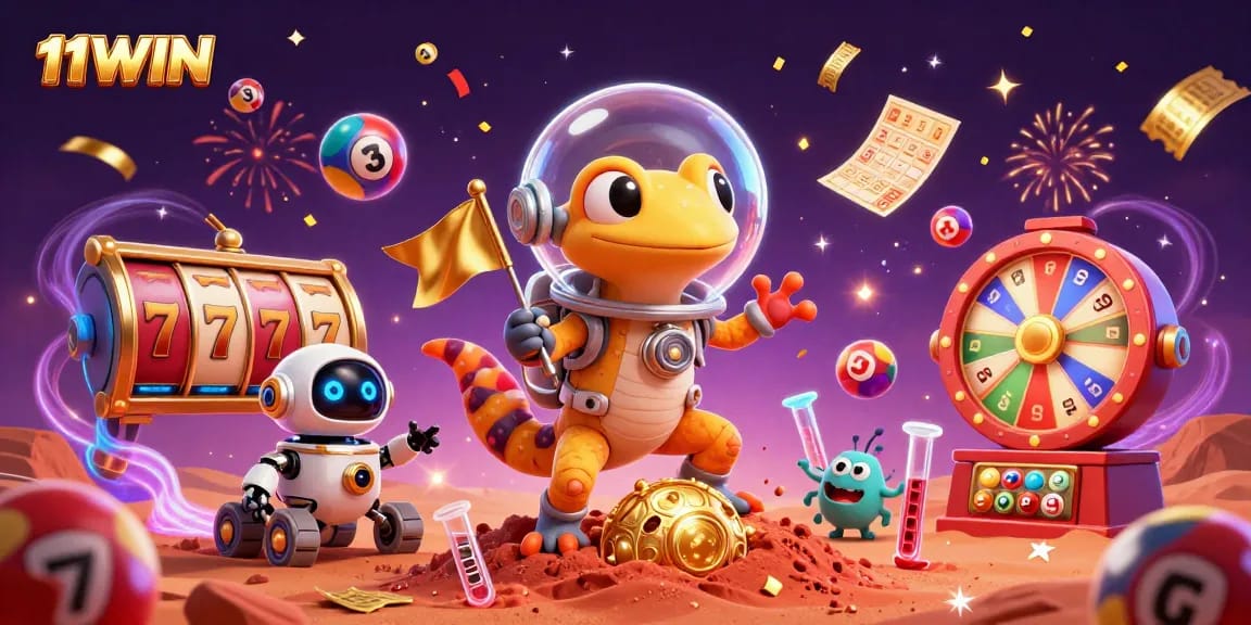 Engage with 11WIN's vibrant Martian casino scene featuring lottery excitement and dazzling prizes.