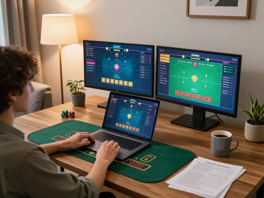 CM88 player strategizing bets in a vibrant online blackjack game from home.