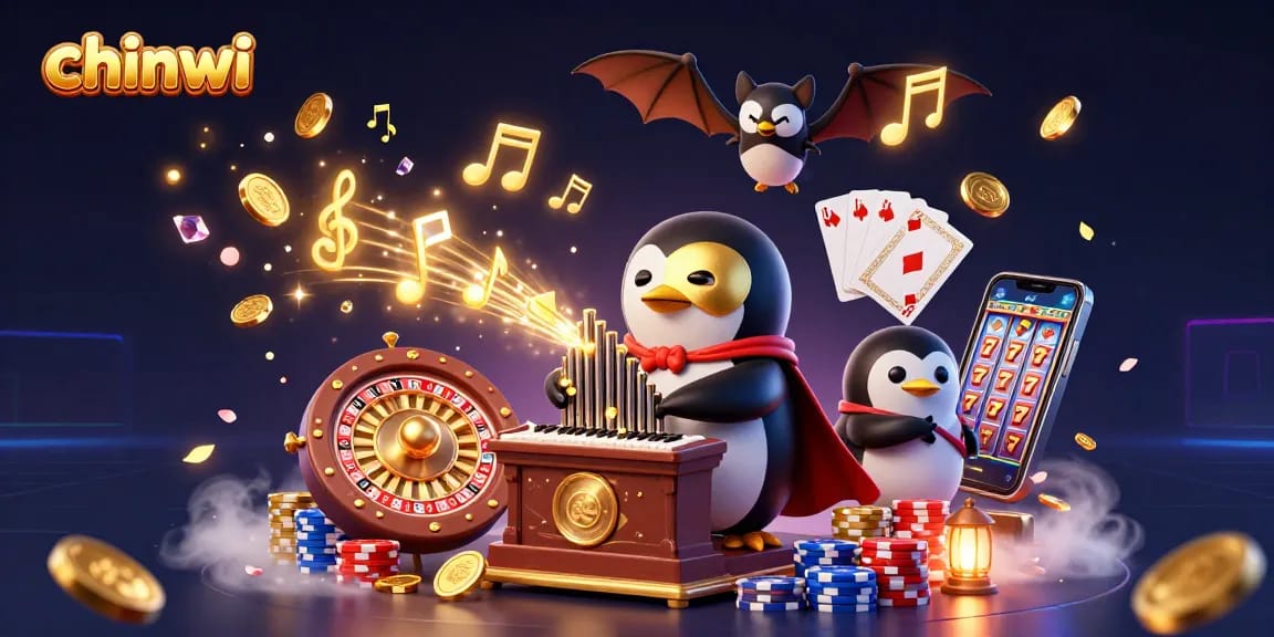 Experience chinwi's dynamic casino world with a penguin playing an organ amid golden coins and acrobatic elements.