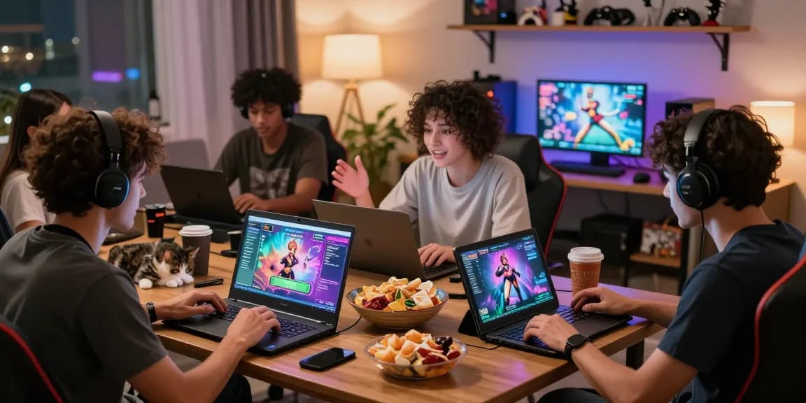 Players enjoying interactive html hentai games in a cozy gaming lounge, vibrant graphics, engaging community atmosphere.