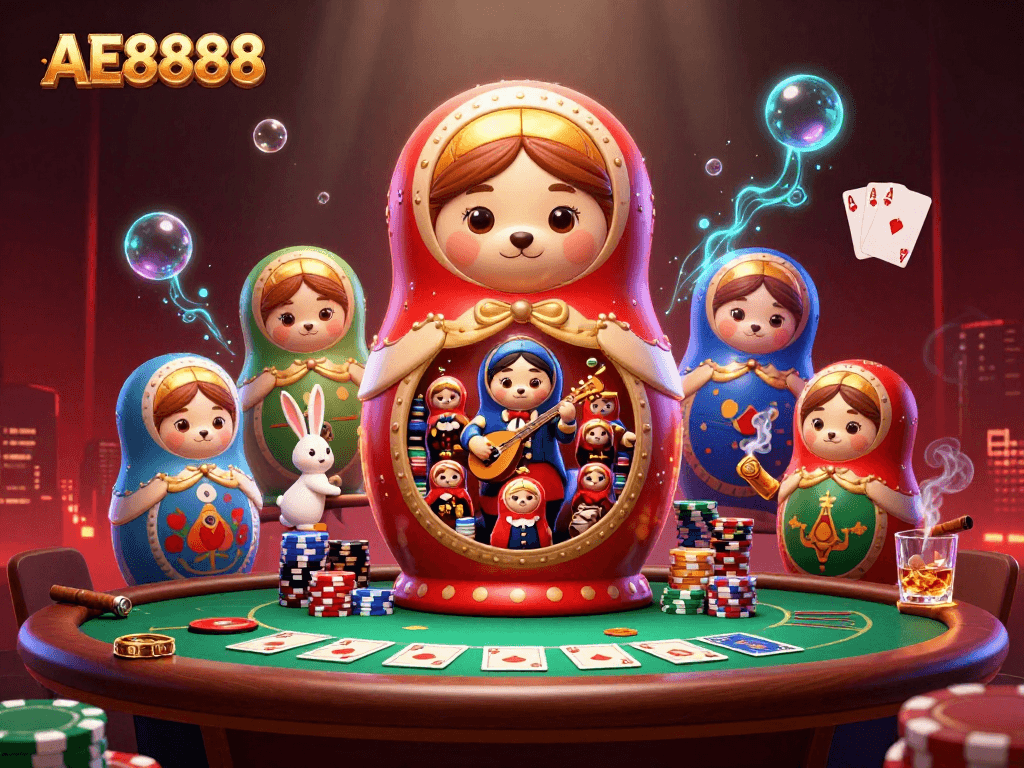 Experience exciting AE8888 gameplay with a vibrant 3D scene showcasing poker elements and lively characters.