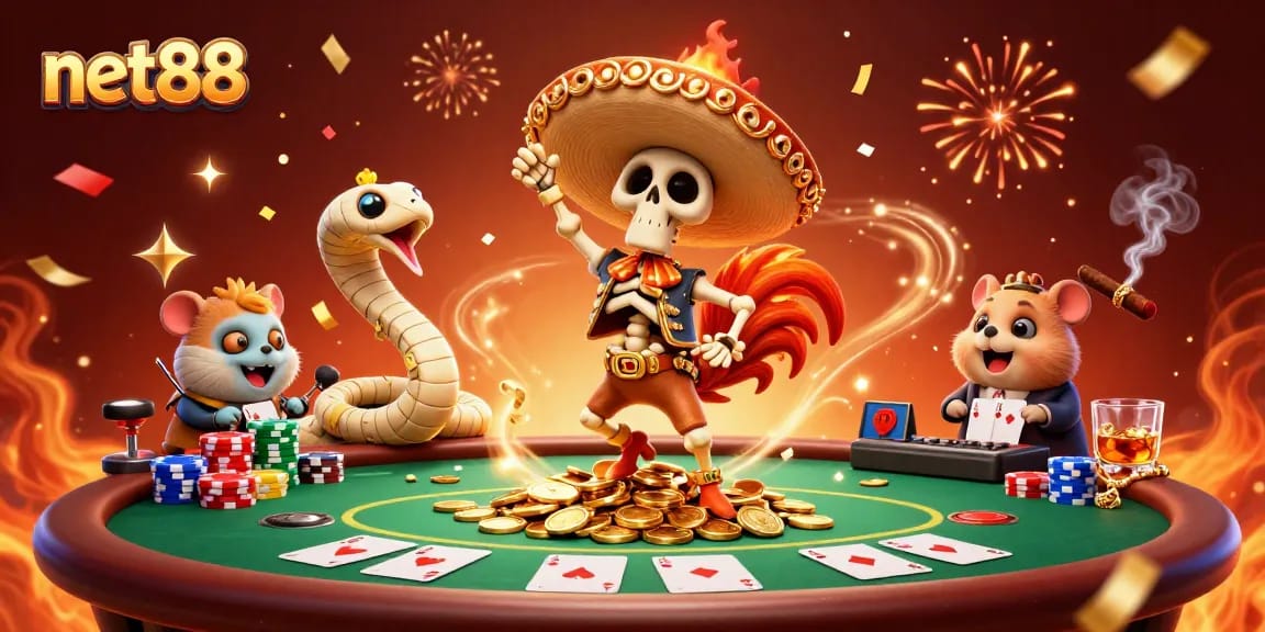 Win big with net88 at a vibrant casino celebration featuring dynamic characters and poker elements.