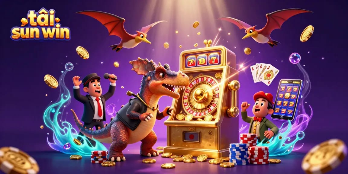 tải sun win spins into action with cartoon dinosaurs amidst casino excitement and jackpots