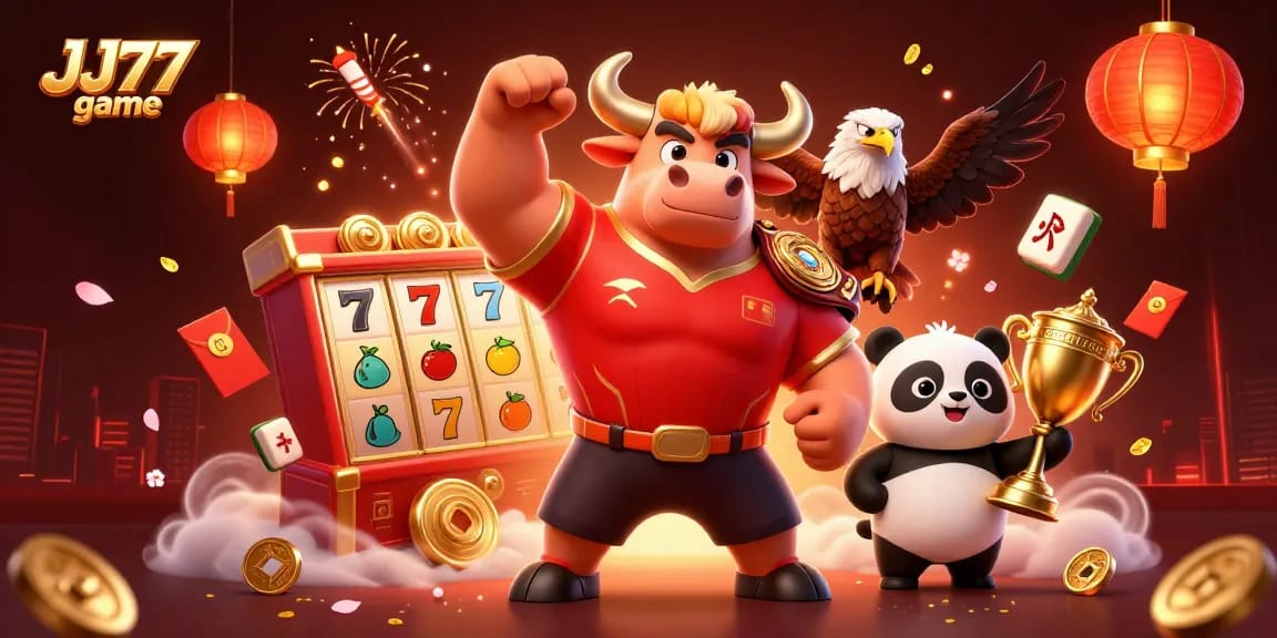Experience the thrill of the JJ77 game with a vibrant 3D scene featuring a bull mascot and exciting slot elements.