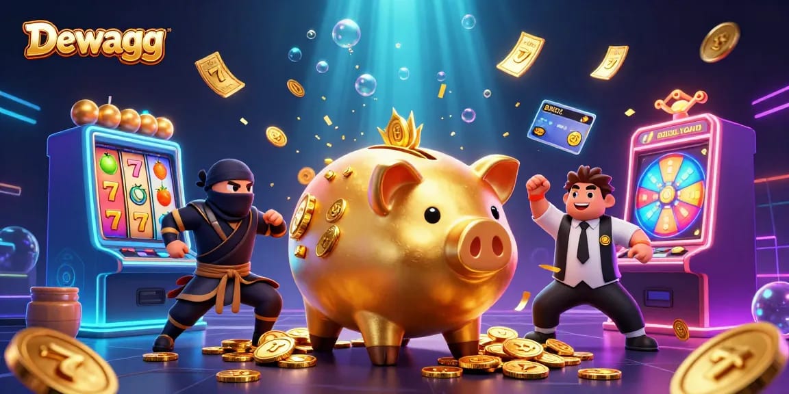 Experience excitement and winnings with Dewagg’s lively casino scene featuring coin-stomping characters and slots.