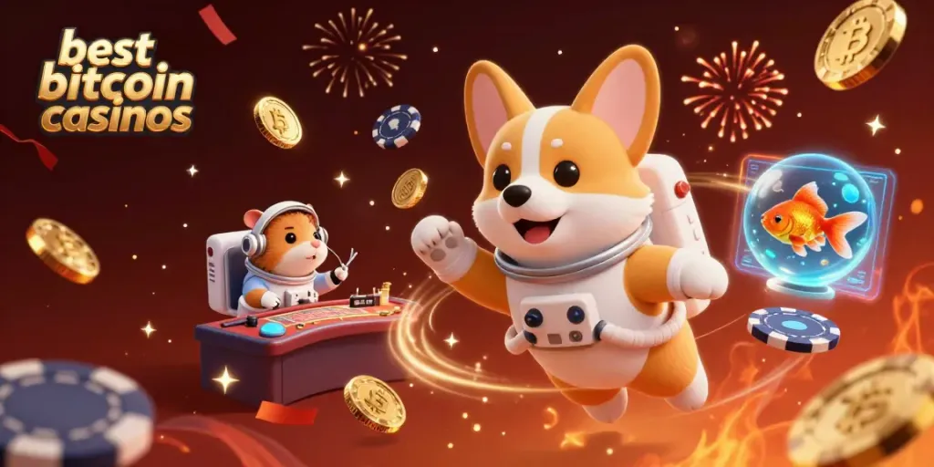 Explore the best bitcoin casinos with a playful astronaut corgi in a vibrant space-themed illustration.