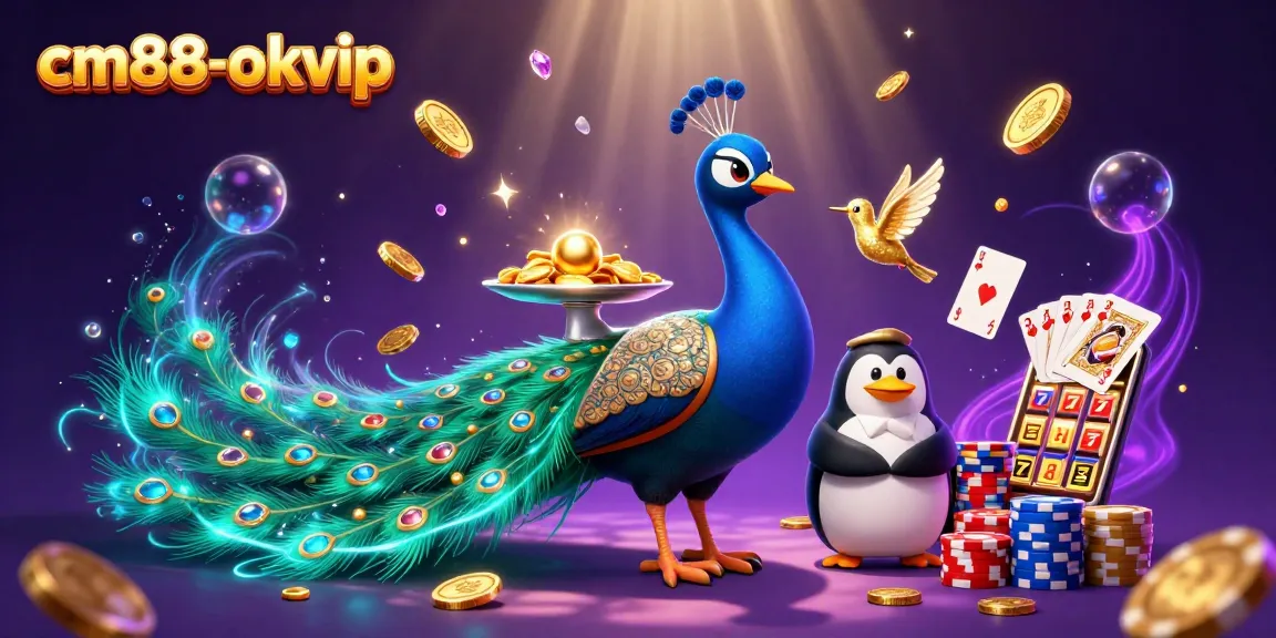Win big with cm88-okvip at the vibrant casino scene featuring a colorful 3D peacock and exciting game elements.