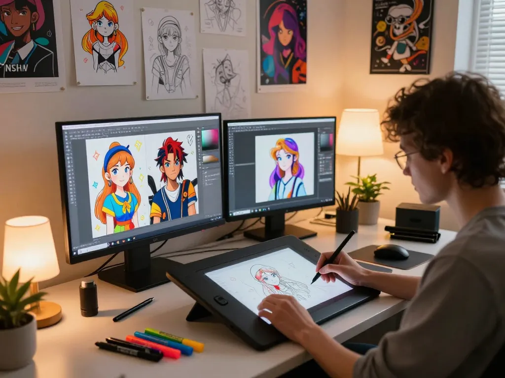 AI NSFW character design session in a vibrant digital art studio.