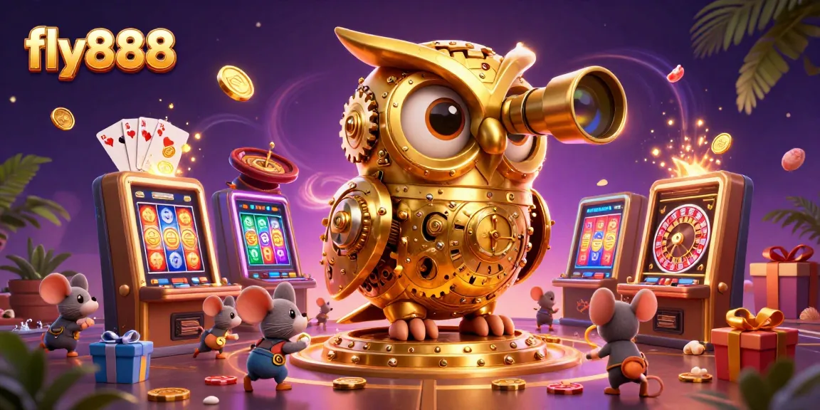 Experience thrilling wins at fly888 with a lively scene featuring a golden owl and playful mice amid vibrant casino action.
