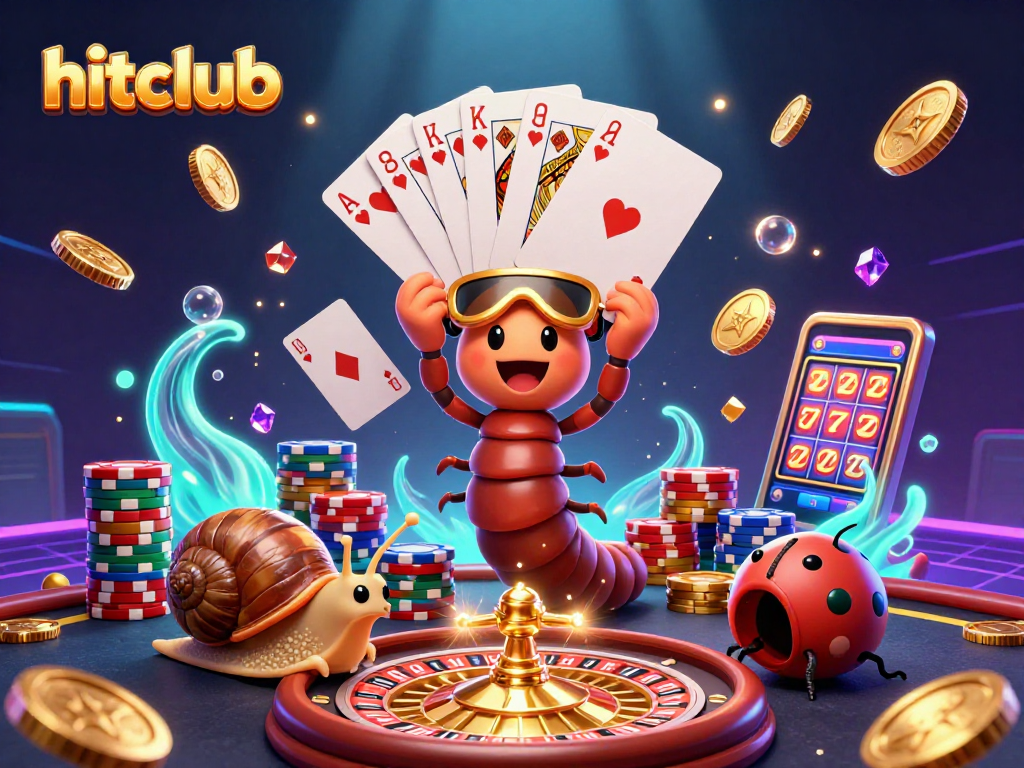 Hitclub gameplay featuring a 3D millipede dealer, high-roller snail, and vibrant casino elements in action.