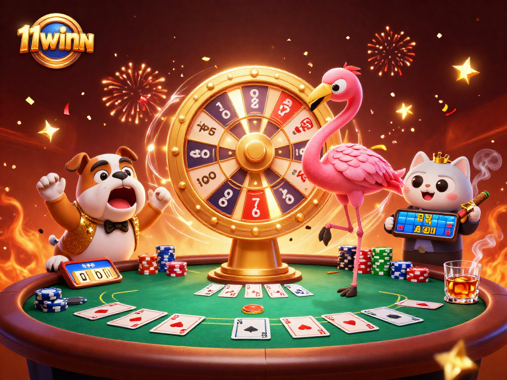 Engaging 11winn gaming scene with vibrant characters celebrating casino wins and dynamic poker elements.