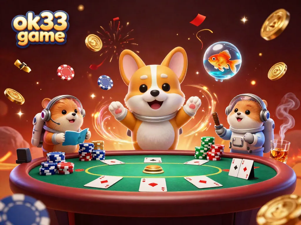 Experience excitement with the ok33 game featuring a cartoon astronaut corgi and vibrant casino elements.