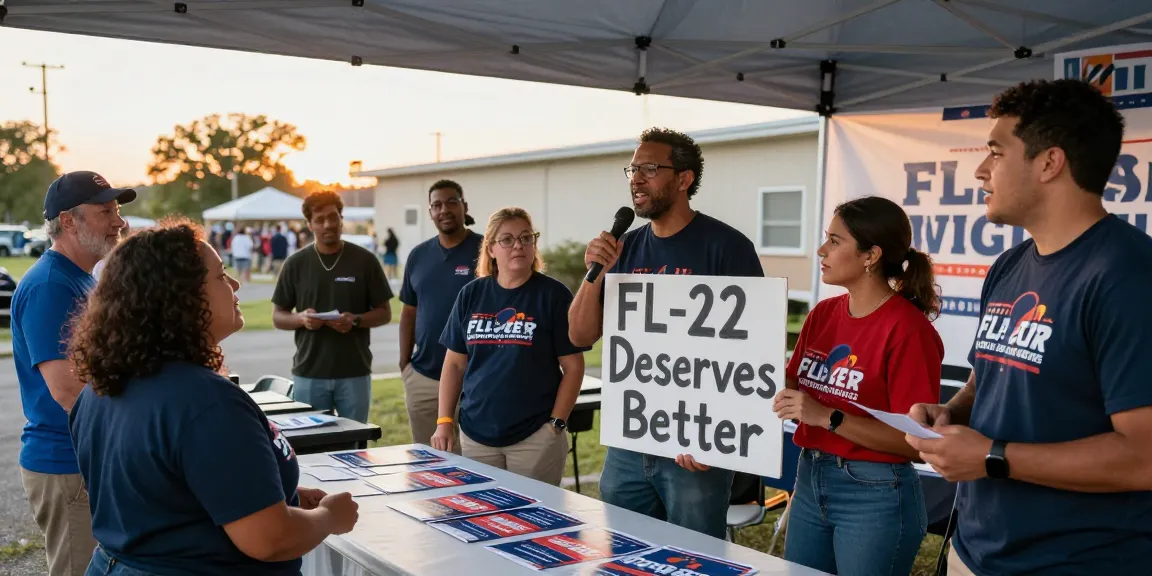 Community engagement scene featuring Casey Askar at a political campaign event, showcasing voter interaction and support for FL-22.