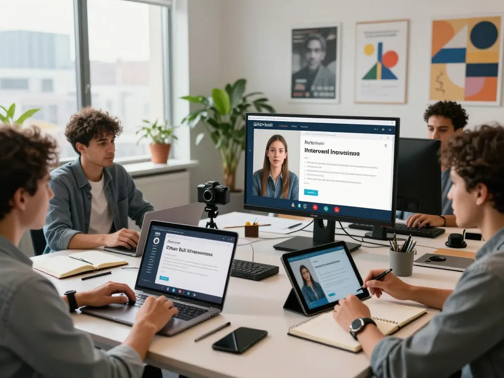 Participants engaging in an ai interview preparation using Offer Bull AI, showcasing teamwork and innovative technology in a modern workspace.
