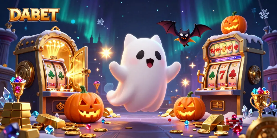 DABET brings excitement with a friendly ghost cat and vibrant casino elements in a haunted scene.