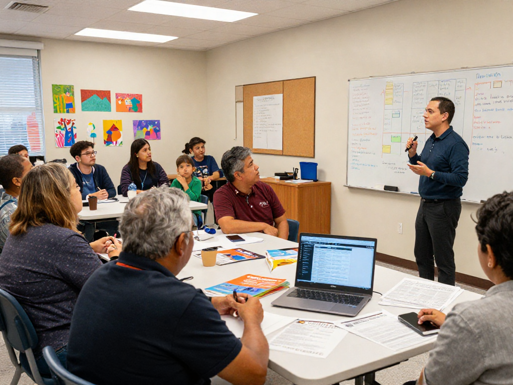 School board campaign marketing in action with parents discussing strategies at a community meeting.