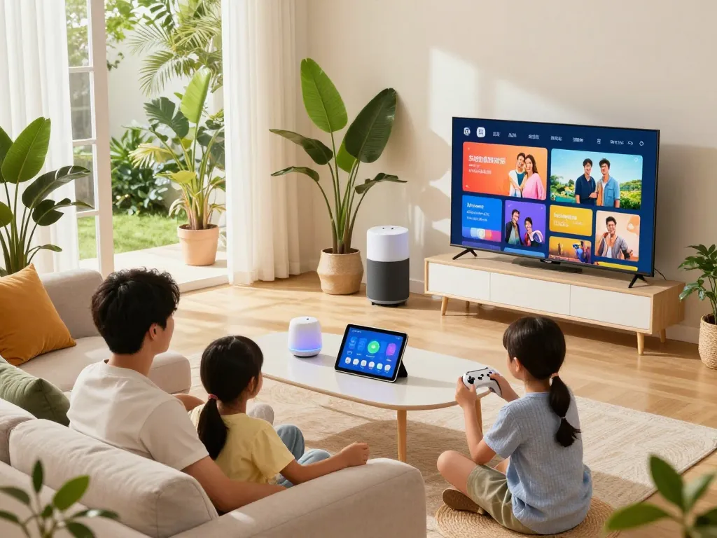Family enjoying tech gadgets for home in a modern living room, featuring smart speakers and a tablet.